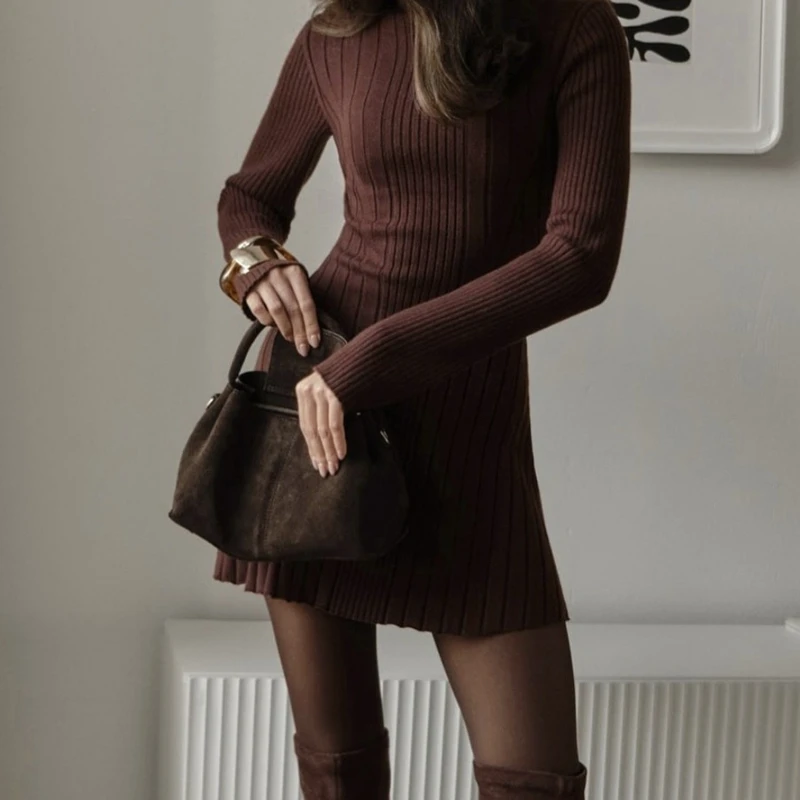 Women's 2025 New Autumn Retro Knitted Dress Long Sleeve High Neck A Line Skirt Elegant Sweater Dresses