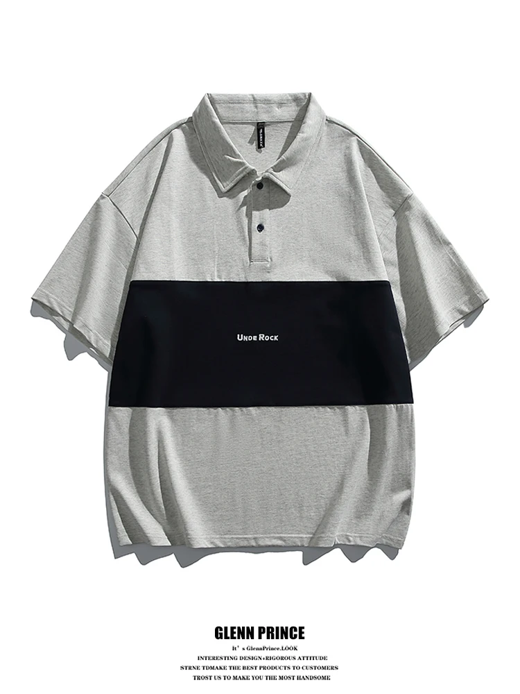 

GPstudio Japanese Style Color Block 280G Heavyweight Short Sleeve Shirt Men Summer Trend Loose Collar Body Tee