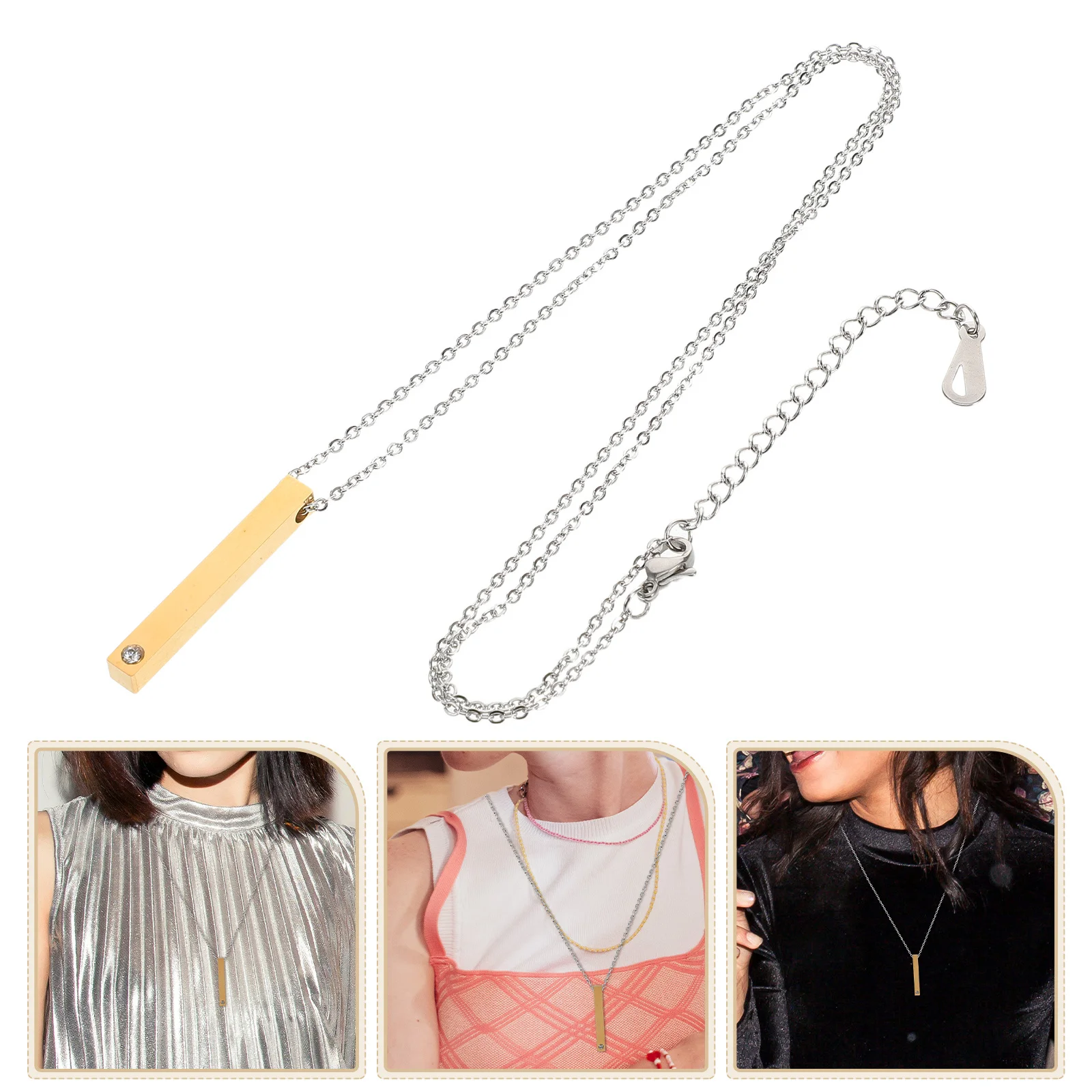 Vertical Bar Pendant Necklace Stainless Steel Couple Jewelry Rhinestones DIY Craft Valentine's Day Mothers Day