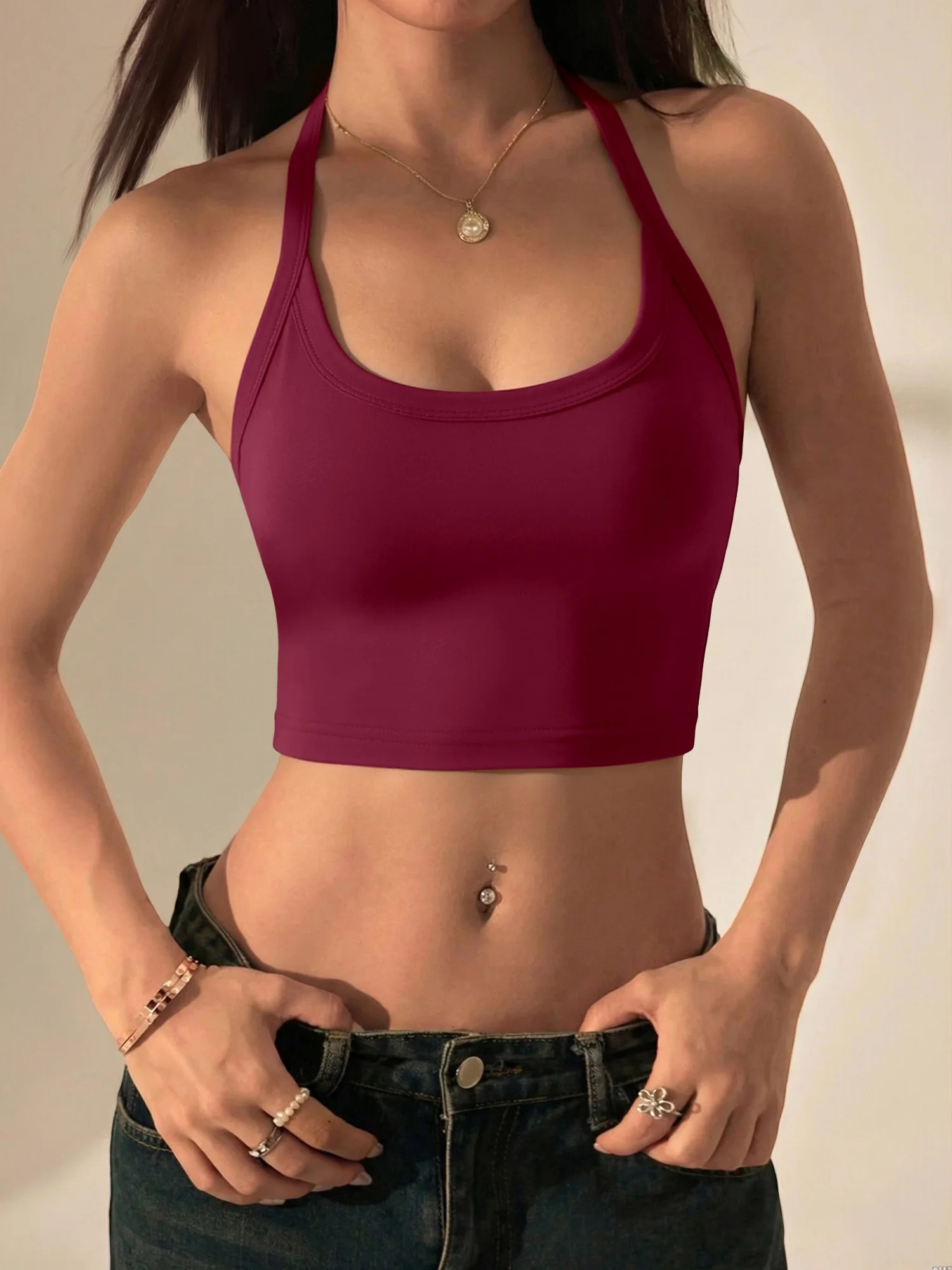 Ladies Halter Backless Cropped Tank Top Solid Color U‑Neck Sleeveless Slim Fit Cami Casual Daily Street Sport Camisole Tops