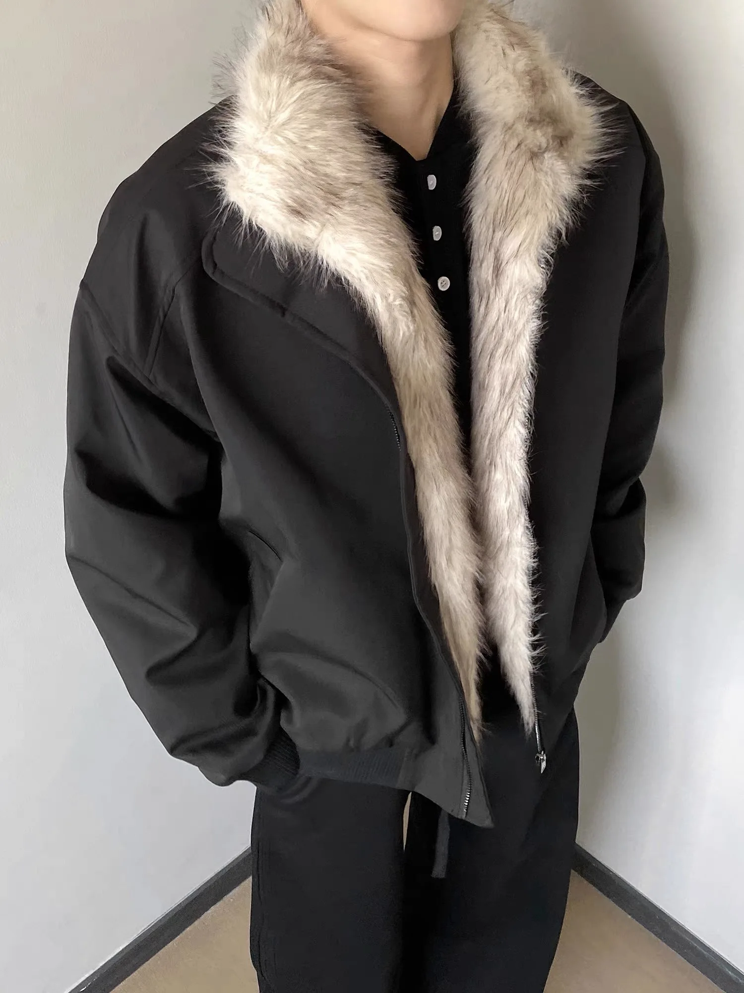 

Winter Men's Cotton Jaet Fake Fur Collar American Sle ort Wide Warm Flip Collar Design Sense Youth Trendy