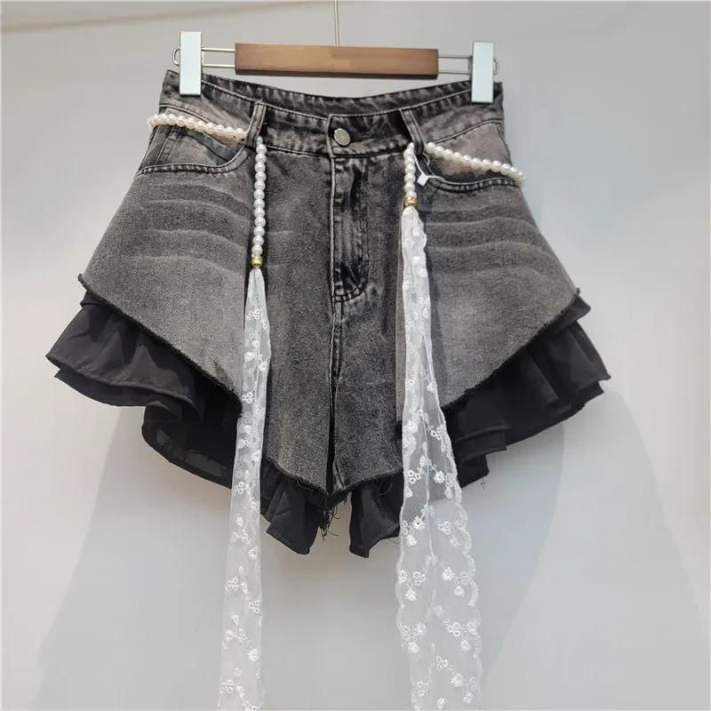 Short Pant Women Splice Belt A Line Jeans Loose Mid Waist Straight Trousers Y2k Streetwear Work Beach Denim Lace 2026 view 2