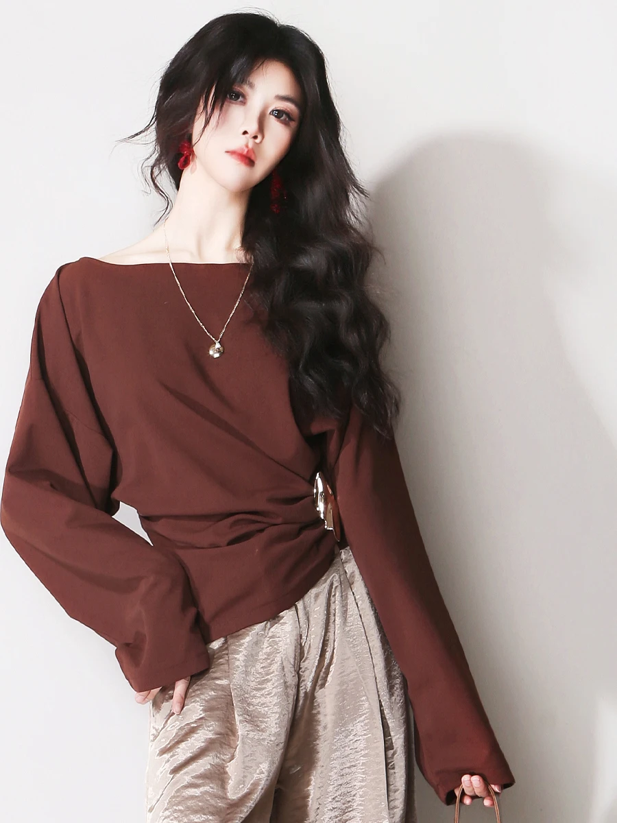 

F50 Ultra White Pumpkin Low Saturation One Shoulder Pleated Waist Cinching Metal Button Long Sleeve Loose Style Shirt