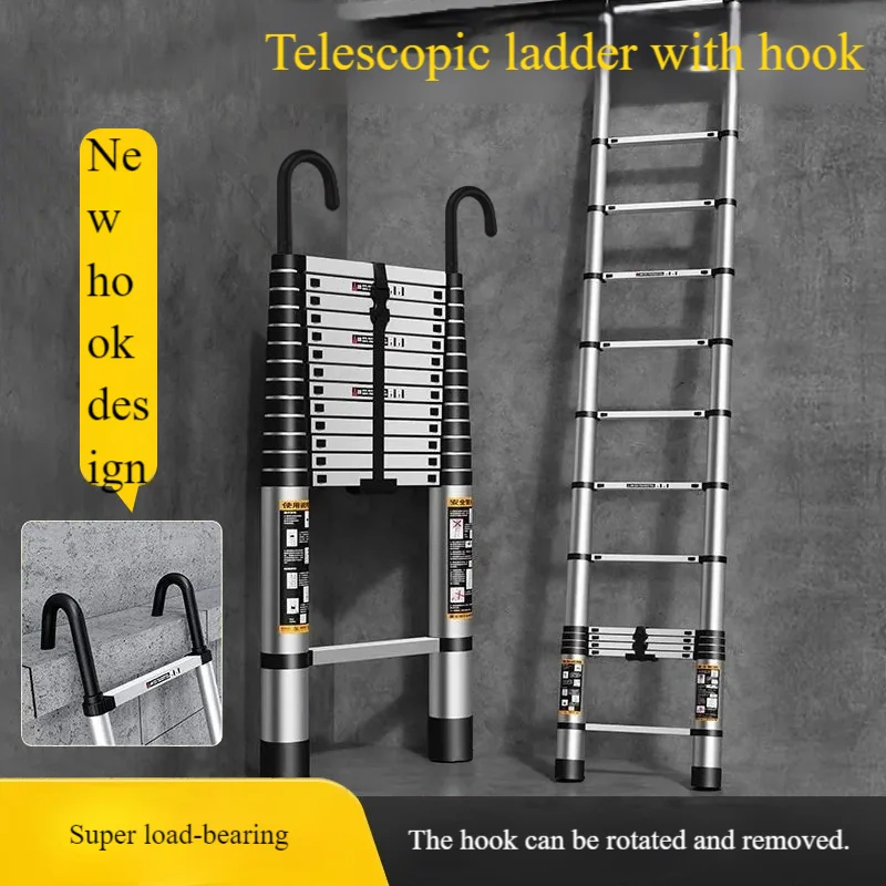 Ladder with hook Stainless steel telescopic straight ladder engineering special folding elevator rotatable disassembly ladder