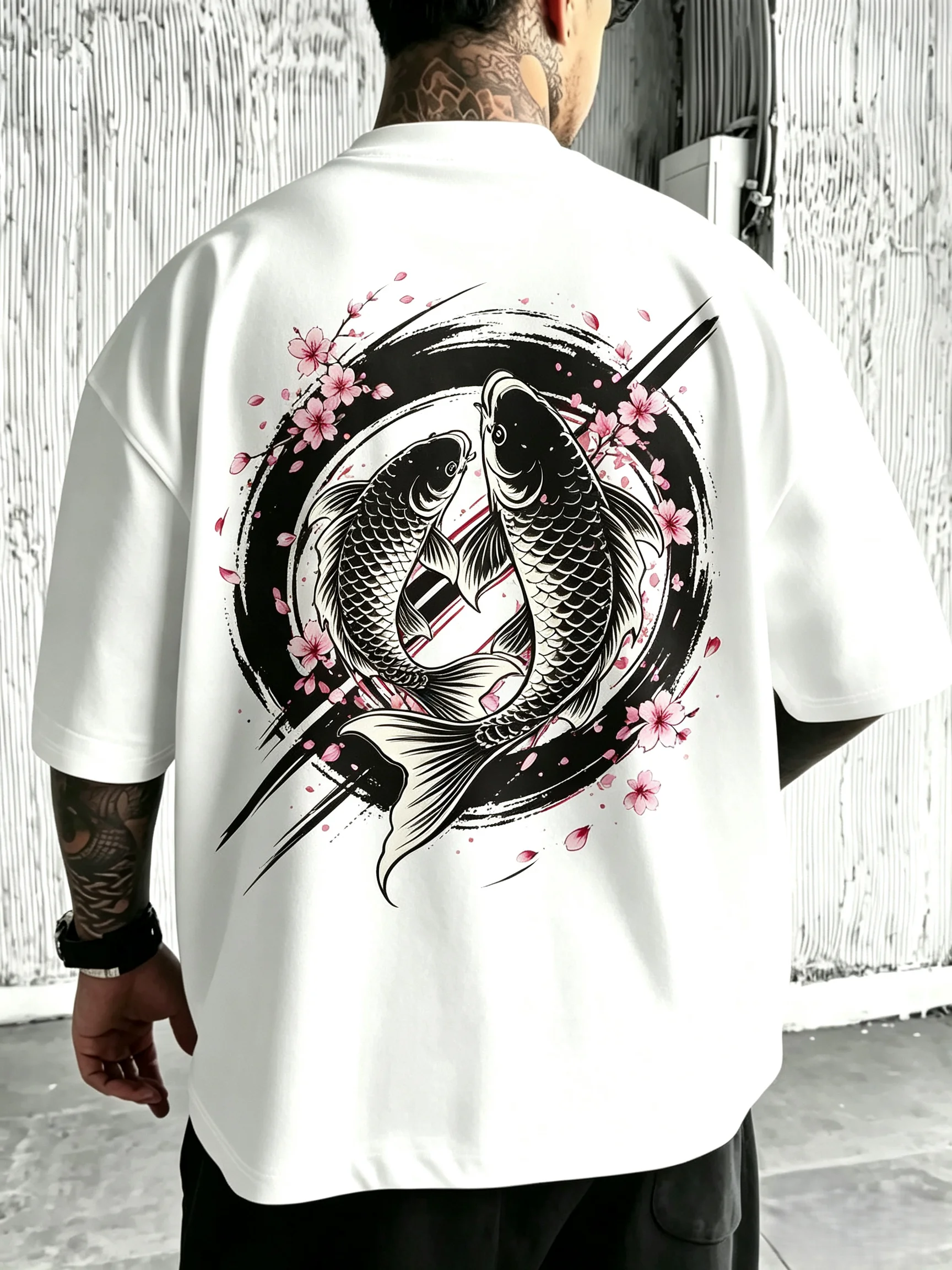 Men Women Unisex Oversized T‑Shirt Japanese Big Small Dual Koi Fish Sakura Cherry Blossom Splash Ink Circle Back Print Hip Hop Streetwear Short Sleeve Tee