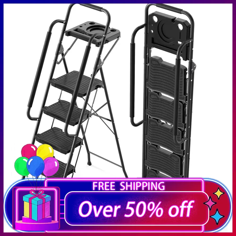 

5 Step Ladder with Tool Platform, 900 lbs Sturdy Step Stool with Handrail, Folding Steel Ladder with Wide Pedal, Safety Ladders