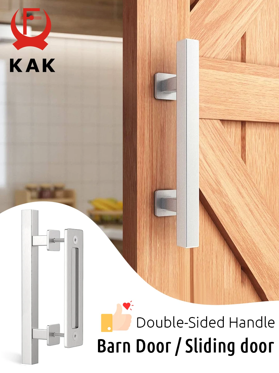 

KAK 12-дюймовые ручки и ручки для раздвижных дверей сарая, серебристый двусторонний комплект фурнитуры, сверхмощная квадратная ручка из нержавеющей стали в деревенском стиле