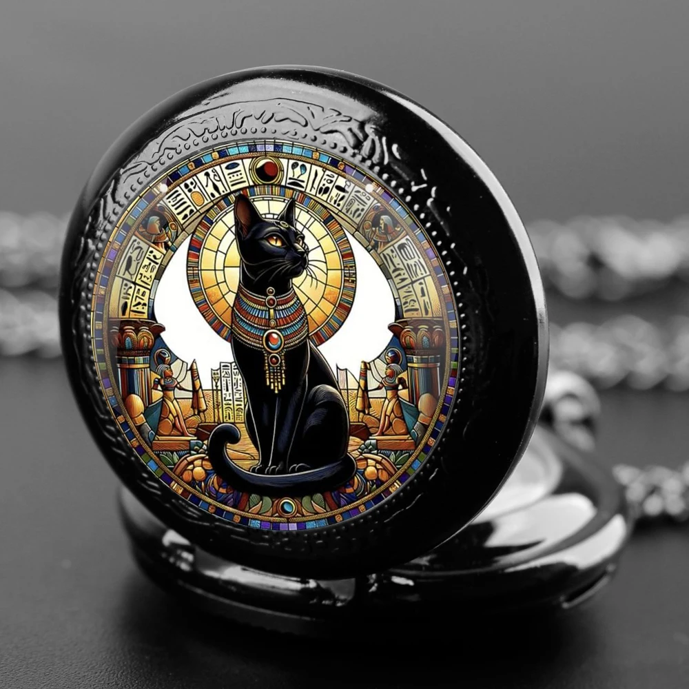 Creative ‌cats Pattern Glass Dome Quartz Pocket Watch with Necklace Chain Pendant Gift for Male Men Boys Vintage Clock