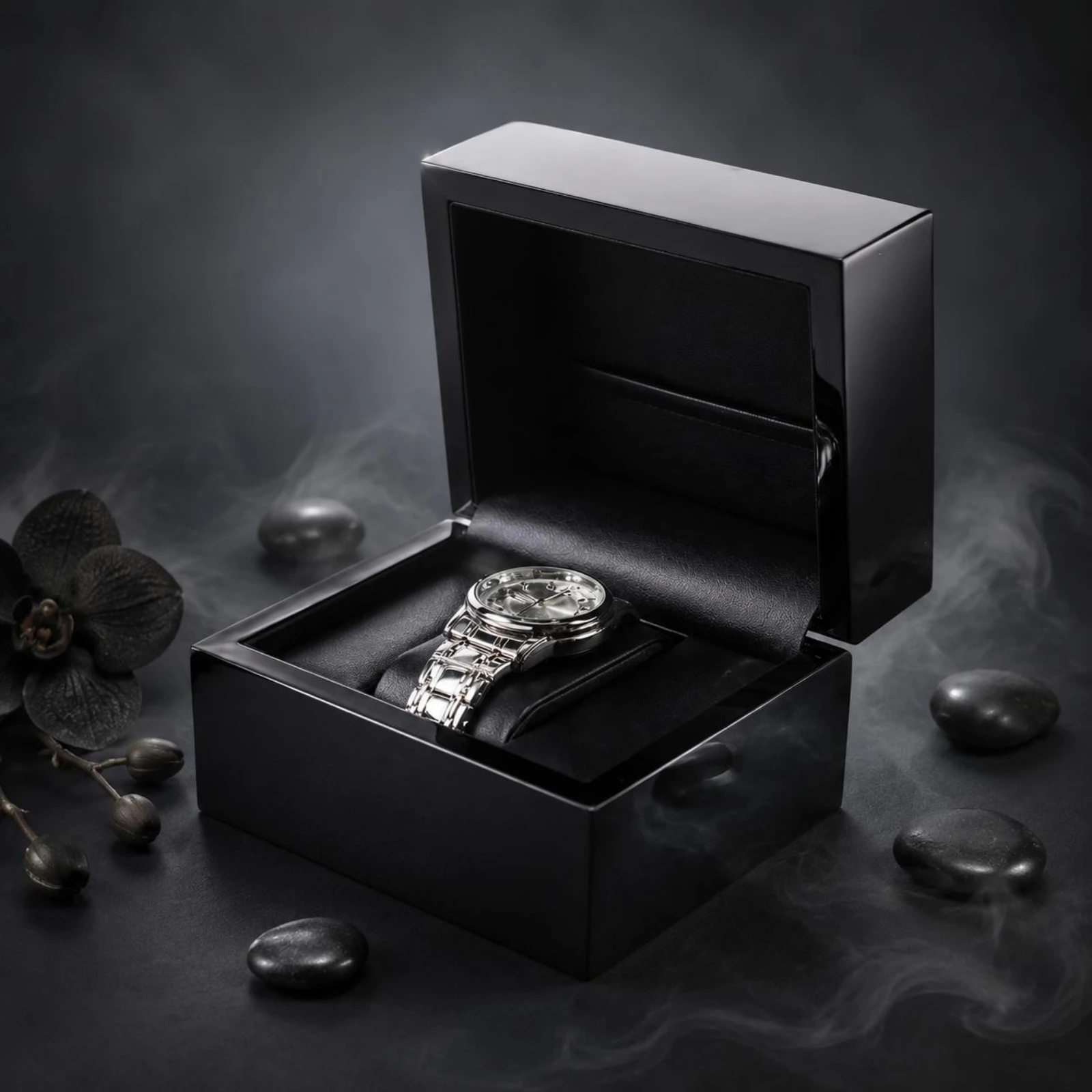 Black Wooden Watch Box Glossy Finish Wooden Watch Organizer Storage Fitted Cushion Rectangular