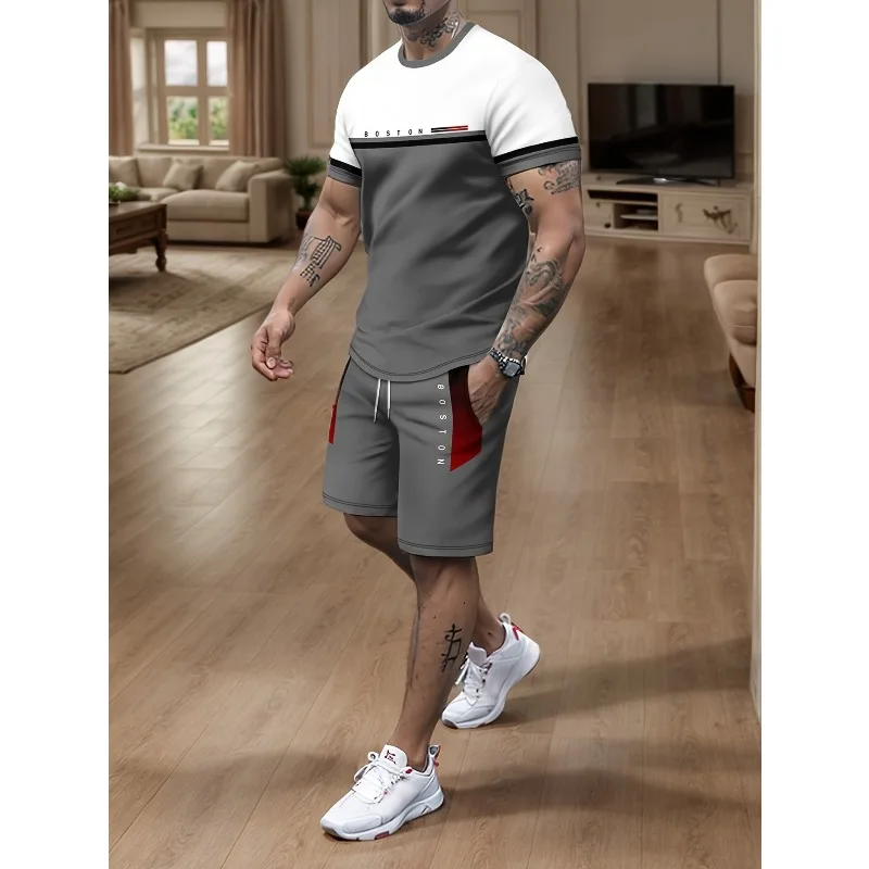 

2025 г. Мужская модная повседневная домашняя одежда, шорты с короткими рукавами, комплект из двух предметов, комбинированный узор с 3D принтом