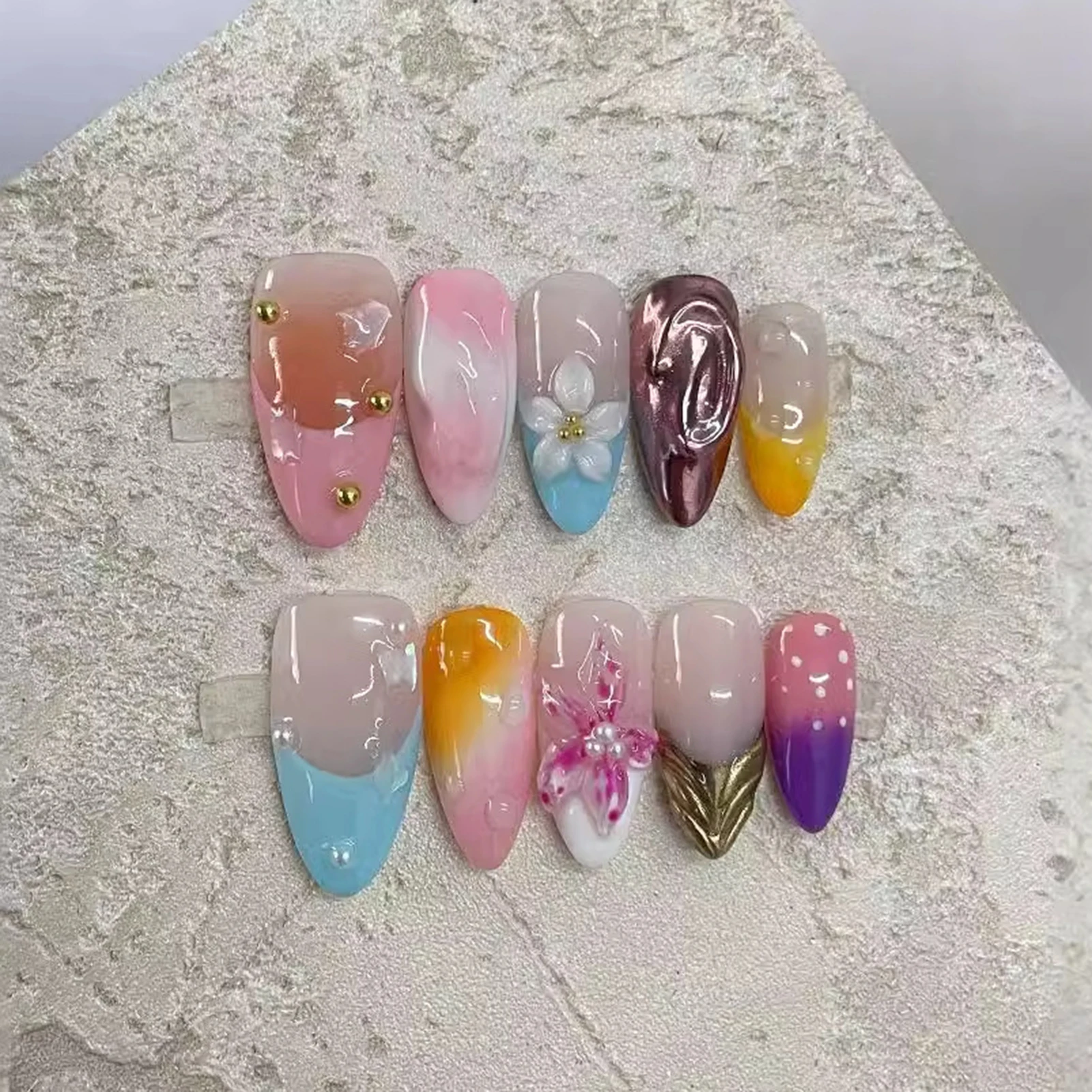 

10pcs Handmade Color Almond Press on Nails with 3d Flowers Ice Blush Fake Nails Wearable Korean Sweet Fake Nails for Women Girls