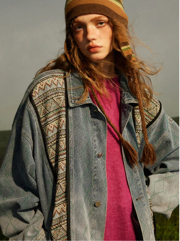 Retro Patchwork 2023 Primavera Mulher Denim Jacket Solto Casual Polo Collar Streetwear Cor Sólida Todos Jogo Mujer Chaqueta