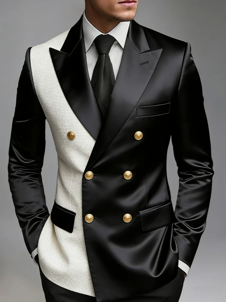 Men Two‑Tone Contrast Peak‑Lapel Double‑Breasted Gold Button Slim‑Fit Wedding Stage Blazer Jacket