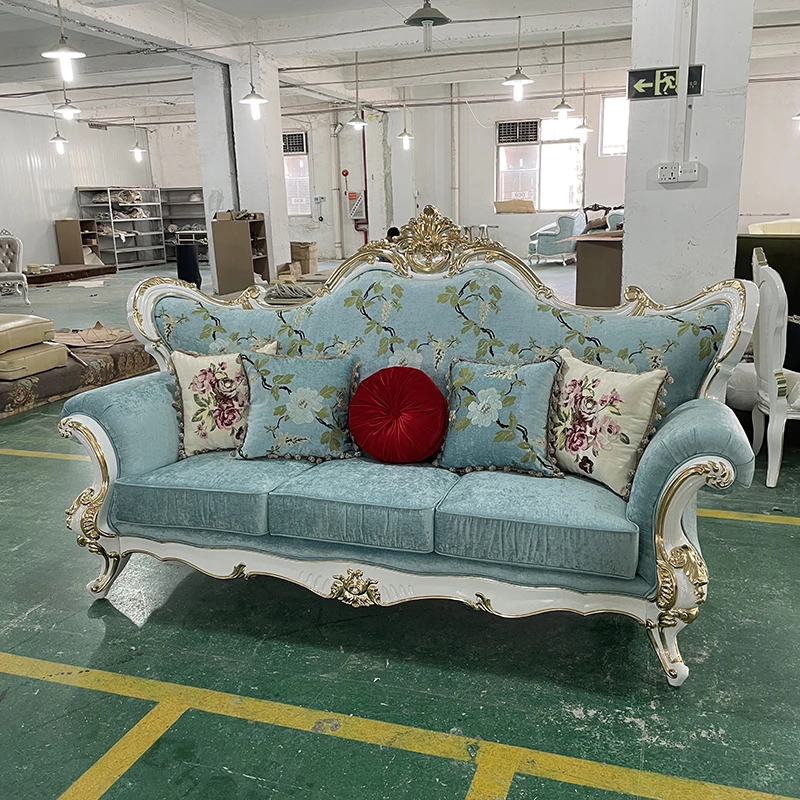 

European fabric three person sofa neoclassical solid wood carved living room sofa can be disassembled and washed for home use