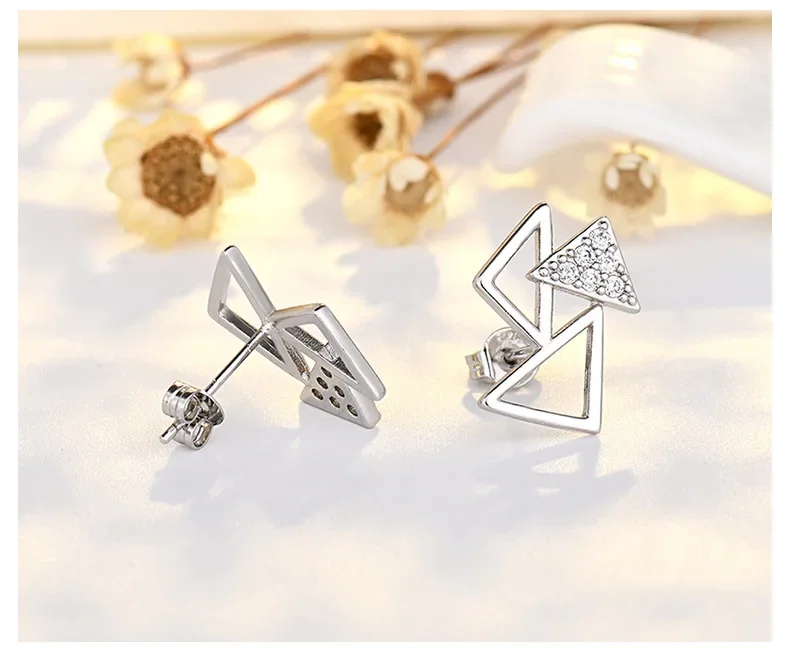 Simple Female Earrings 925 Sterling SIlver Triangle Hollow Earrings for Women Stackable Zircon Layered Ear Statement Jewelry