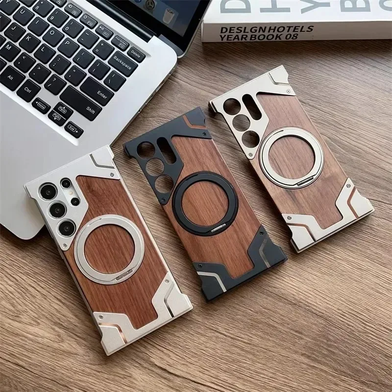 

For Samsung Galaxy S23 S24 S25 S26 Ultra Walnut Wood Metal Borderless Armor Case 360° Rotating Magnetic Bracket Shockproof Cover