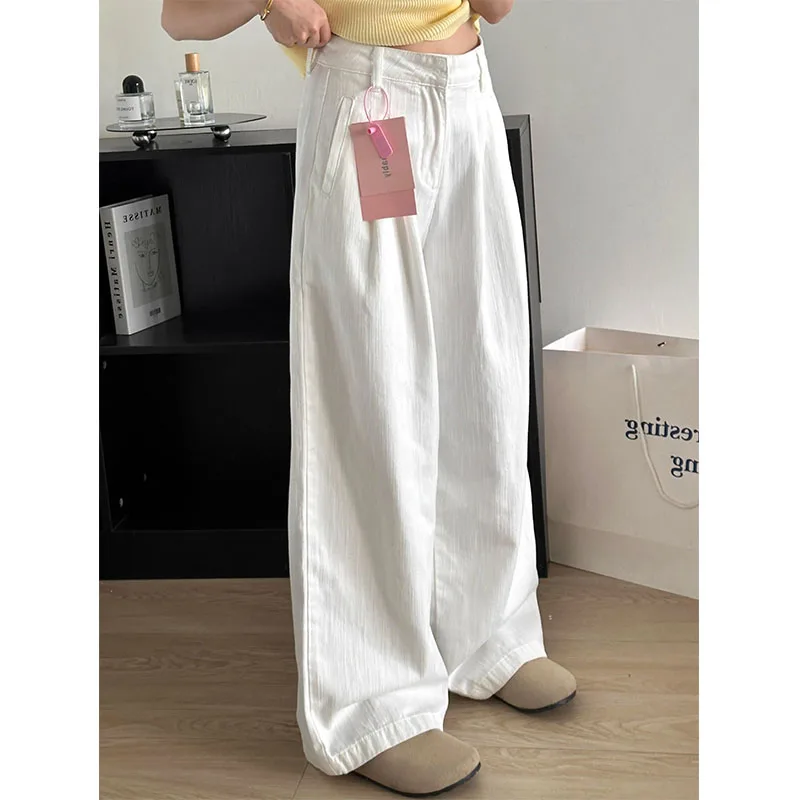 Lente 2026 Hoge taille rechte pijpen getextureerde witte denim jeans dames losse afslankende wijde pijpen vloerlengte broek