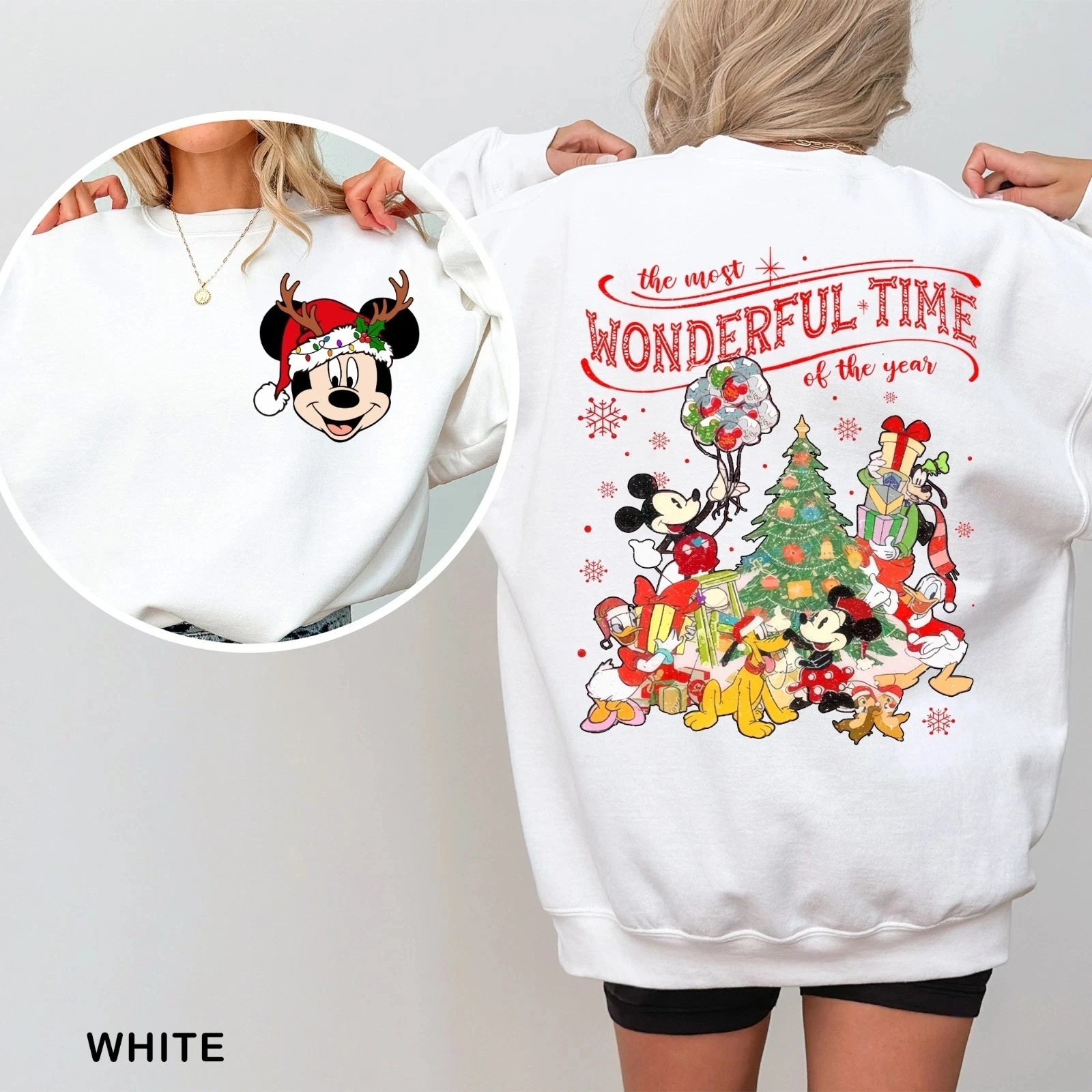 Sweat-shirt de noël avec personnages Disney, devant et dos, pull unisexe à col rond, Disney