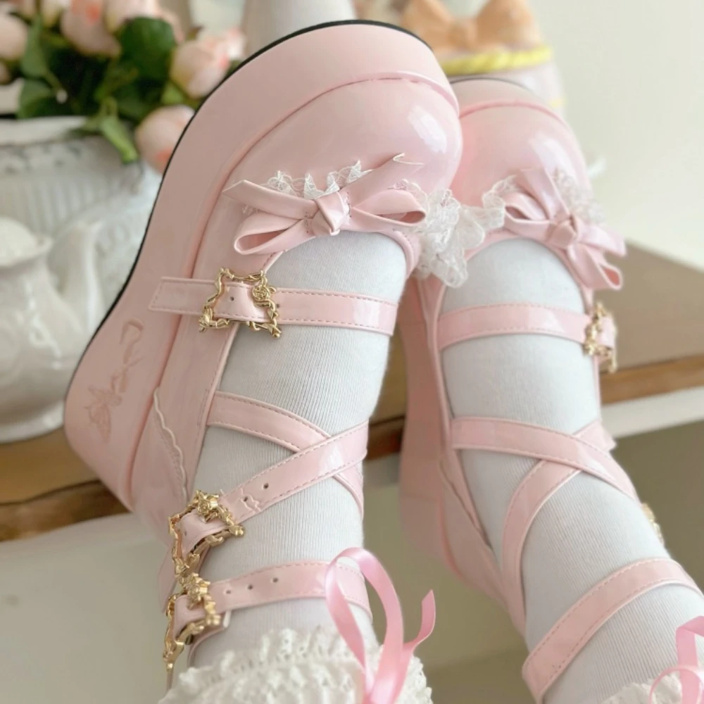 الوردي النساء الكعوب لوليتا أحذية منصة ماري جين أحذية ستار مشبك حزام الفتيات برشام حذاء كاجوال Kawaii مضخات #2