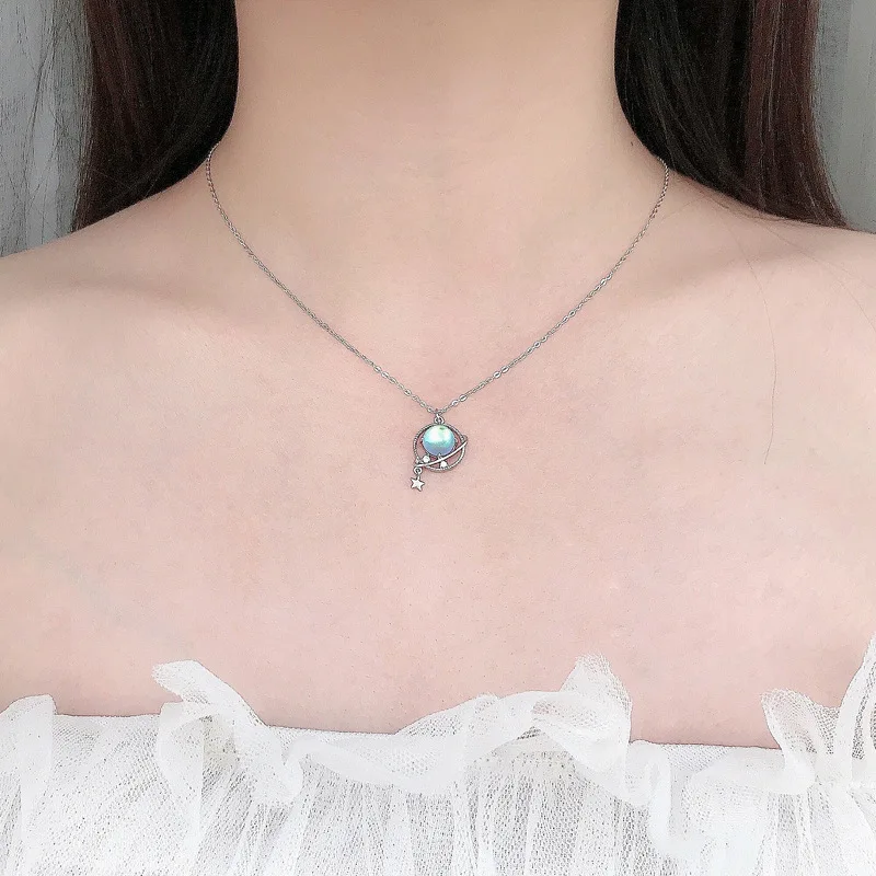 S925 Pure Silver Planet Necklace Moonstone Bone Chain