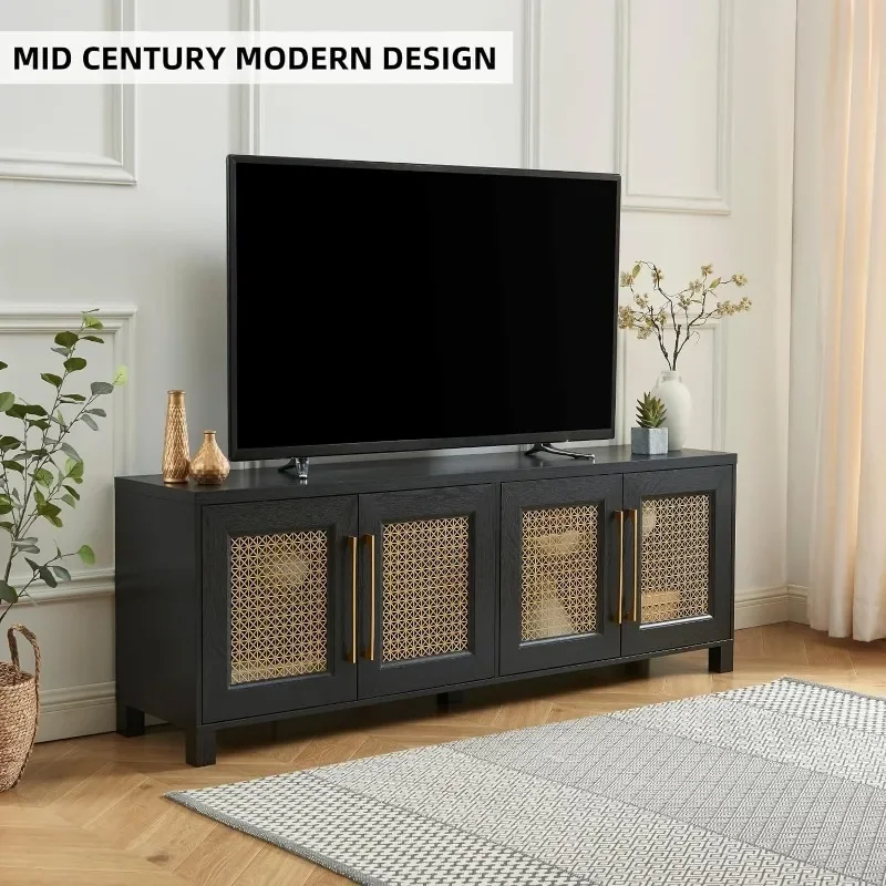 ZHENXIANG-Meuble TV Mid Century, maille métallique creuse, décoration pour téléviseurs jusqu'à 75 ", console TV Boho Black avec armoires de rangement