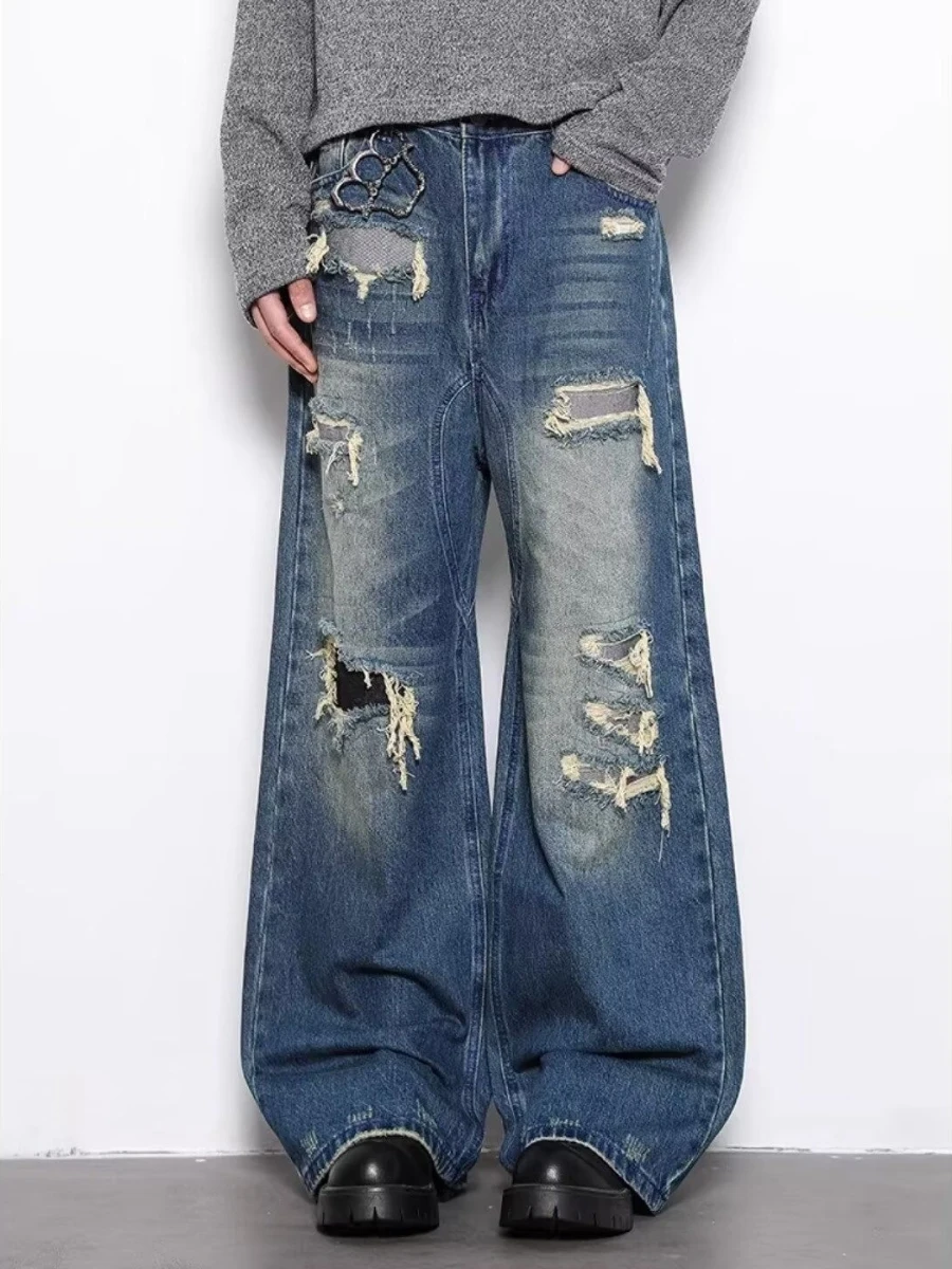 

American Retro Distred Camouflage Patchwork Jeans Loose Wide Leg Floor-Length Pants Youthful Casual Cotton Polyester Blend