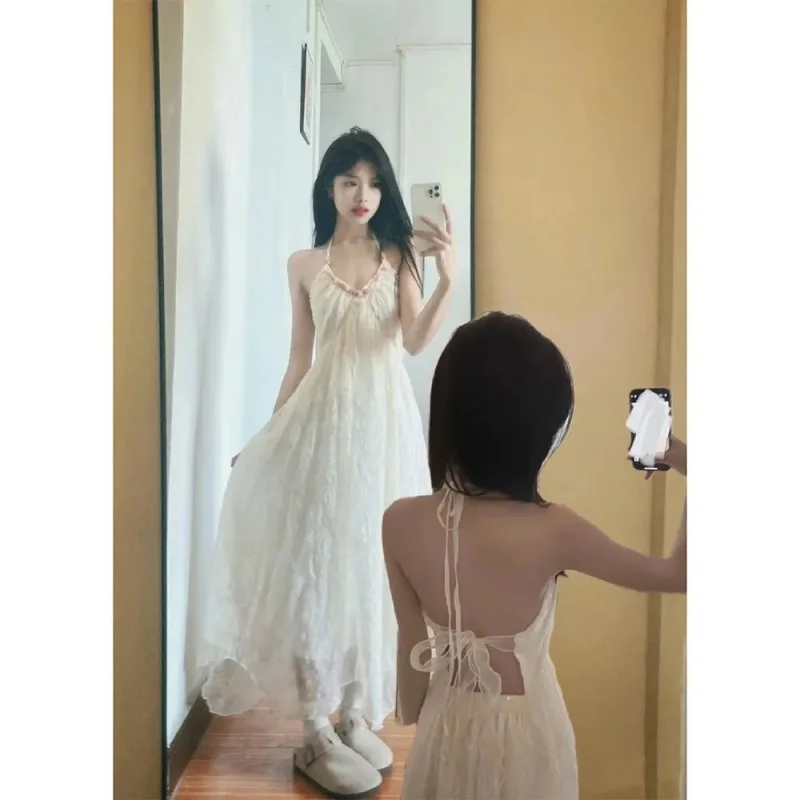 

Gentle Halter-Neck Backless Lace Slip Dress, Fairy-Like, Elegant Long Dress With A Large Hem, Seaside Vacations
