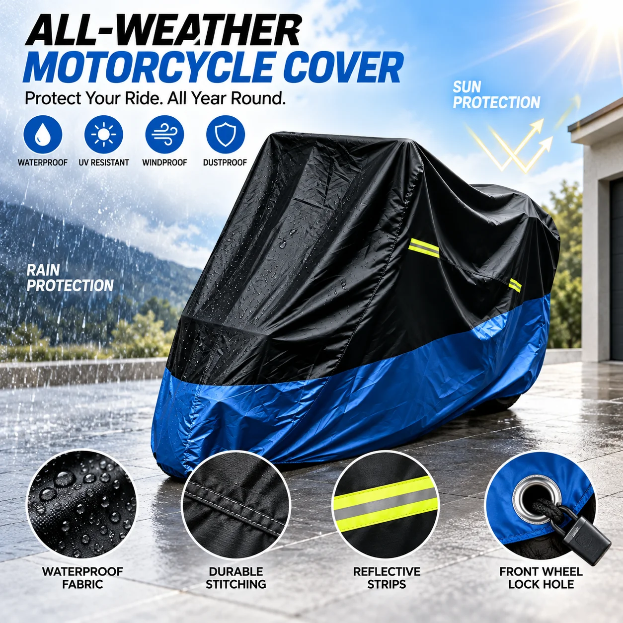 Universal Motorbike Protector Cover 190T Polyester Taffeta PU Coating Waterproof Dustproof UV‑Resistant For All‑Season Use M‑4XL