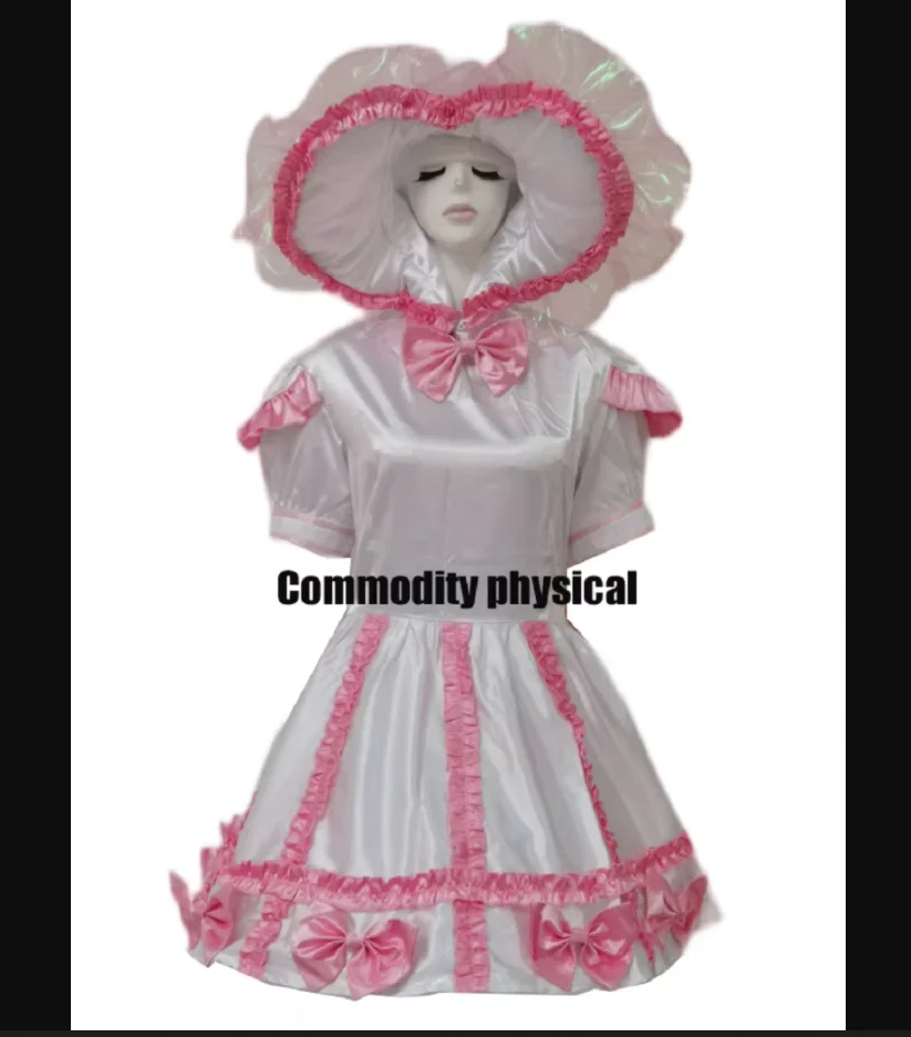 

Lockable Sissy Dress Maid Pink and White Lace Satin Privacy Uniform Role Play Customizable