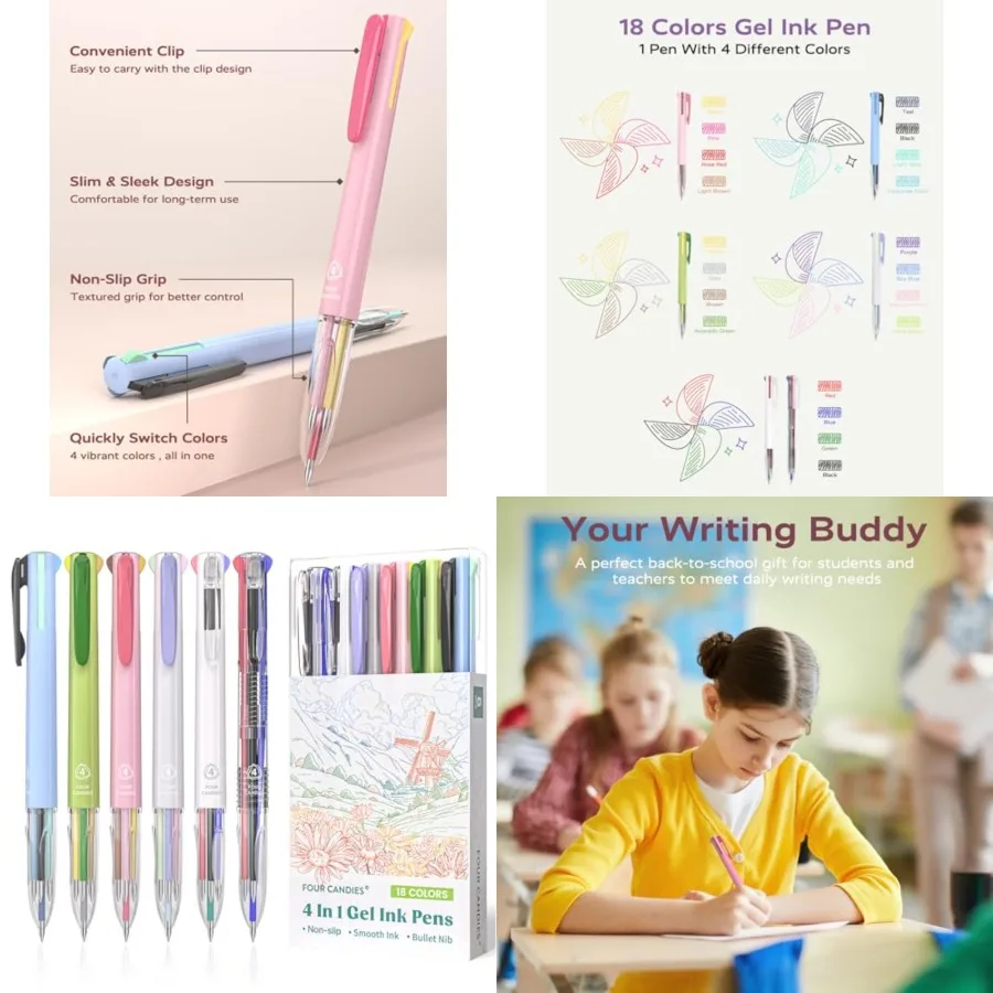 Four Candies 6 uds bolígrafo Multicolor bolígrafos de Gel de colores de 0,5mm bolígrafos de tinta de Gel Multicolor 4 en 1 con diseño retráctil de 18 colores para O
