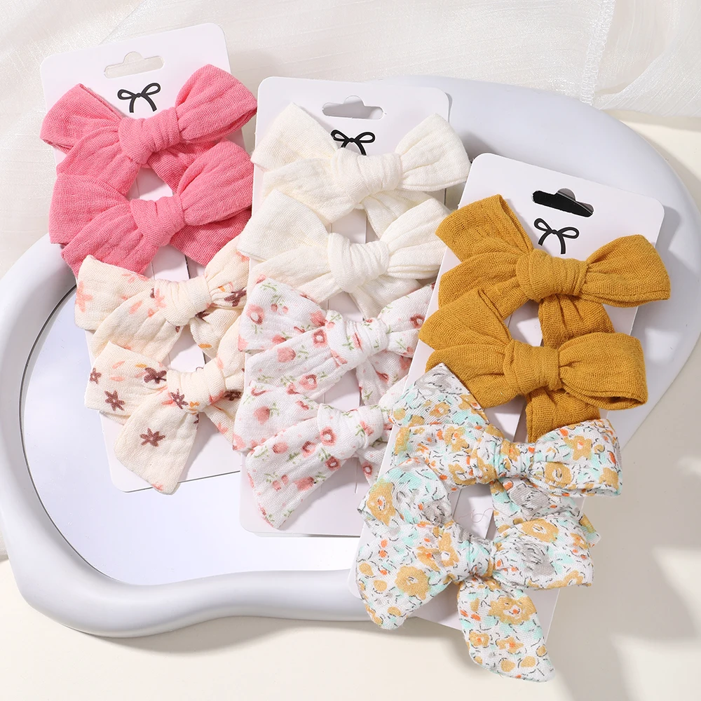 4Pcs/Set Girl Bows Hair Clip Hairpins Headwear Soft Cotton Linen Hairclip for Kids Barrette Print Delicate Baby Hair Accessories