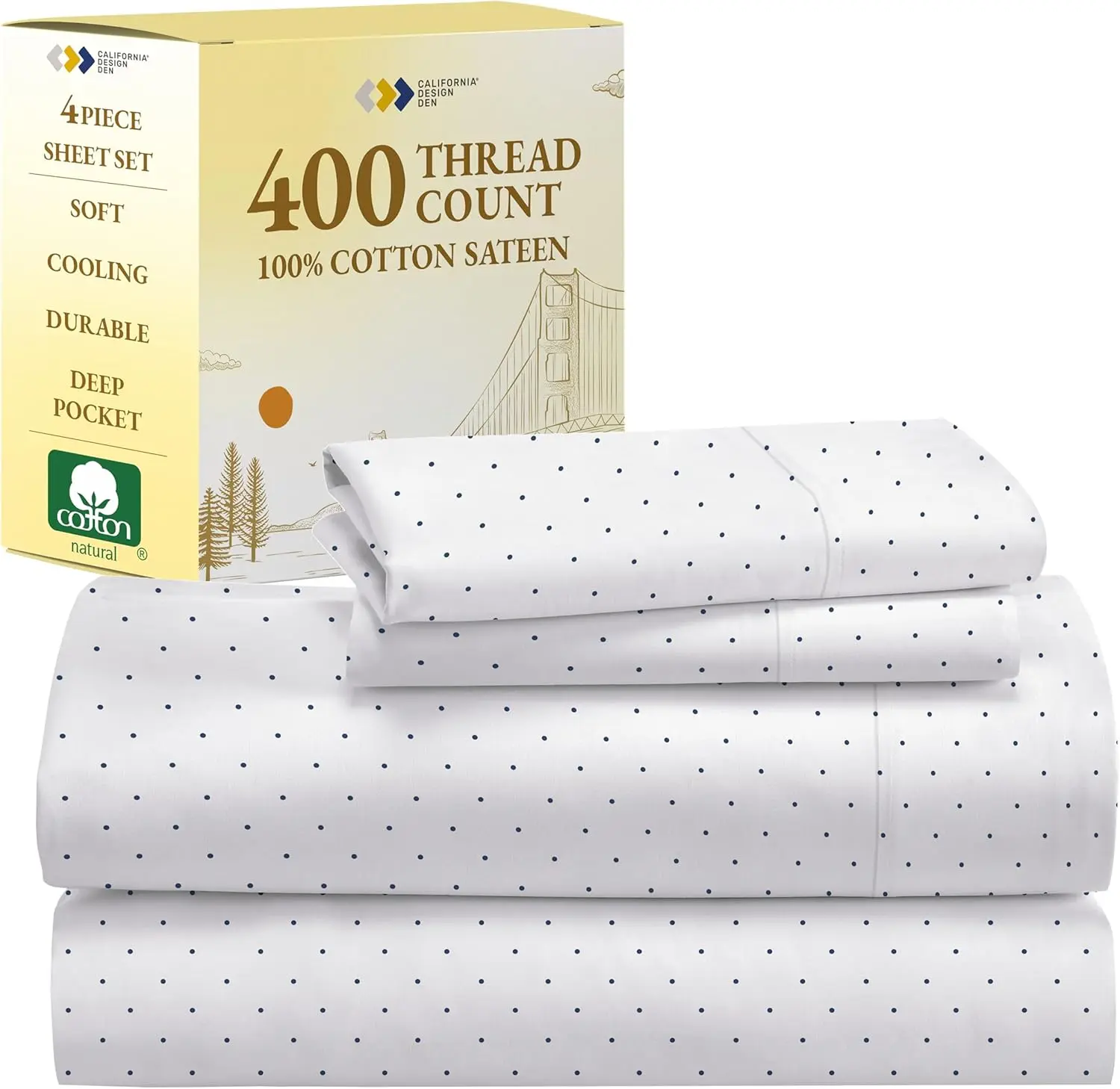 

Queen Sheet Set - 400 Thread Count Sateen, Natural 100% Cotton Sheets For Queen Size Bed, Deep Pocket Cooling And Durable