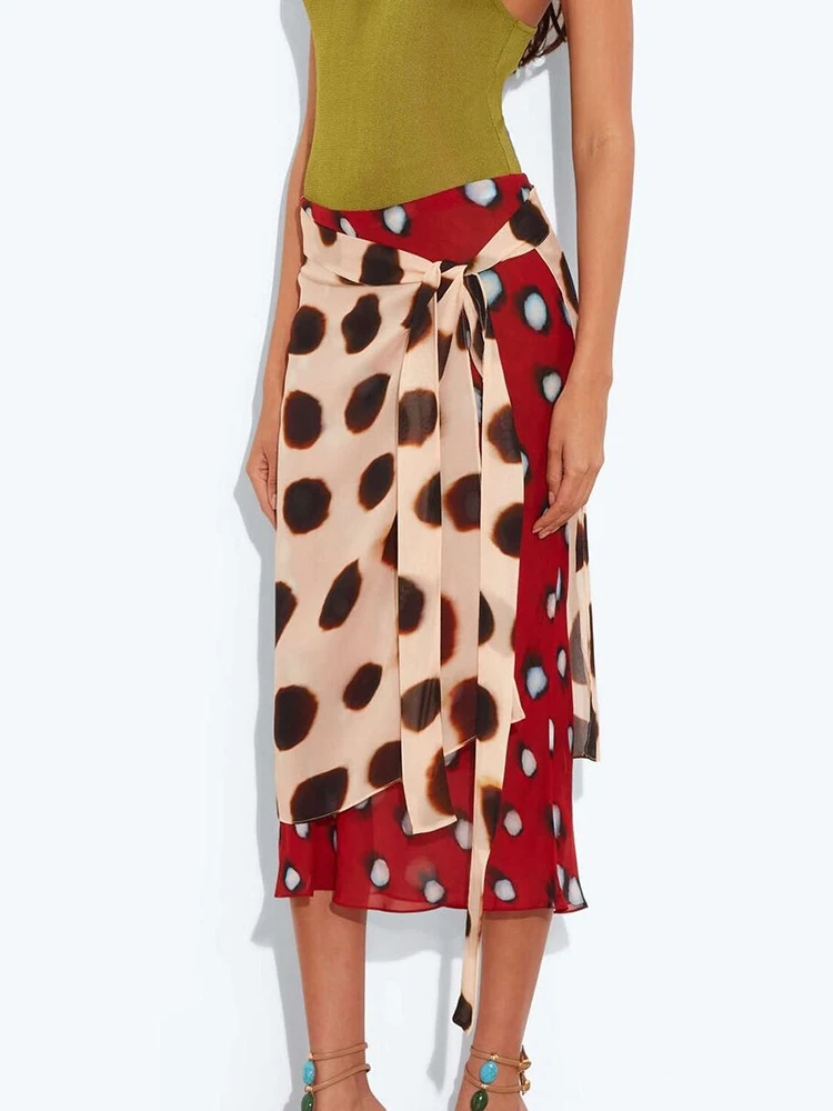 Vintage Two Tone Polka Dot Print Wrap Skirt Chic Irregular Hem Layered Chiffon Tie Waist Midi Skirt Summer Vacation Beachwear