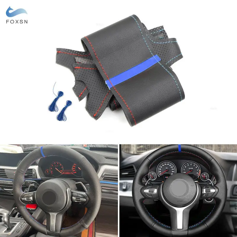 Steering Wheel Cover Leather Trim red blue line blue strip For BMW M Sport F10 F12 F20 F30 F32 F34 F45 F39 F48 F15 F16 F25 F26