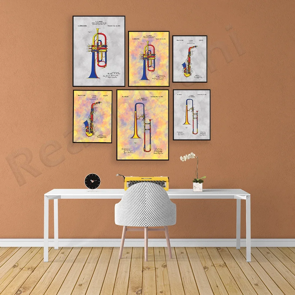 Saxophone patent, trombone, trumpet poster musical instrument print canvas wall art picture for living room home decor