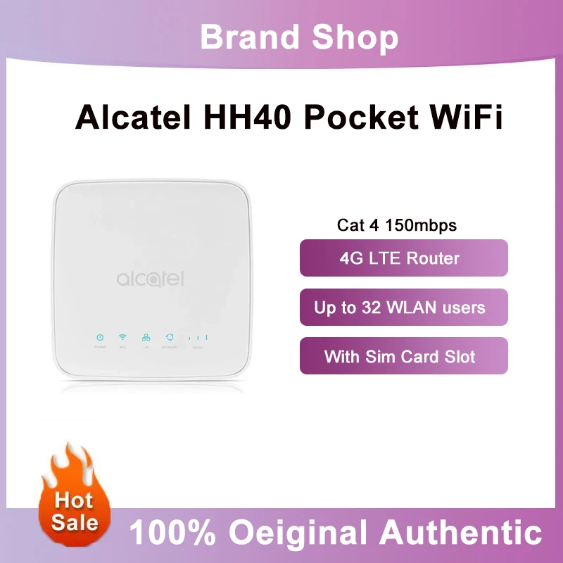 Alcatel เราเตอร์4G LTE HH40 150 Mbps ฮอตสปอตขนาดเล็กกลางแจ้งโมเด็มช่องเสียบเสาอากาศภายนอกพร้อมช่องใส่ซิมการ์ดไม่มีแบตเตอรี่