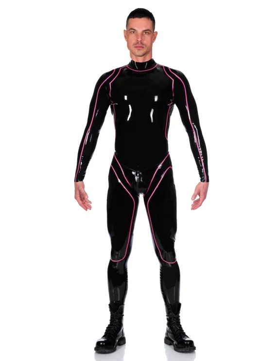 100%Latex Rubber Black&Pink Bodysuit Tight Suit polishing Outfit Zip 0.45mm XS-XXL