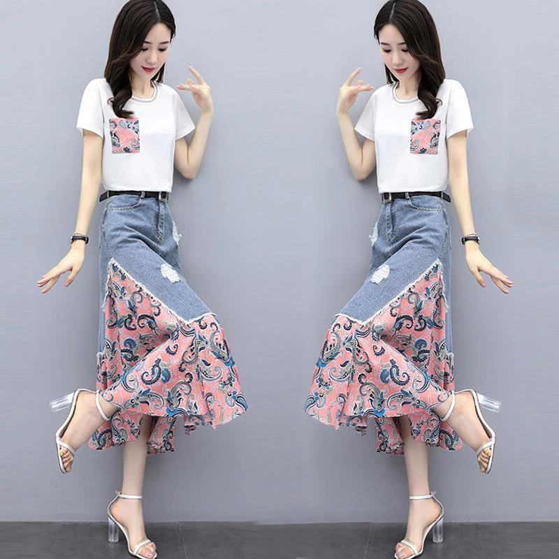 

Summer Denim Dress Two-Piece Set Spring Autumn Fashion Elegant Slimming Long Skirt Ensemble Women's Clothing Trendy Outfit