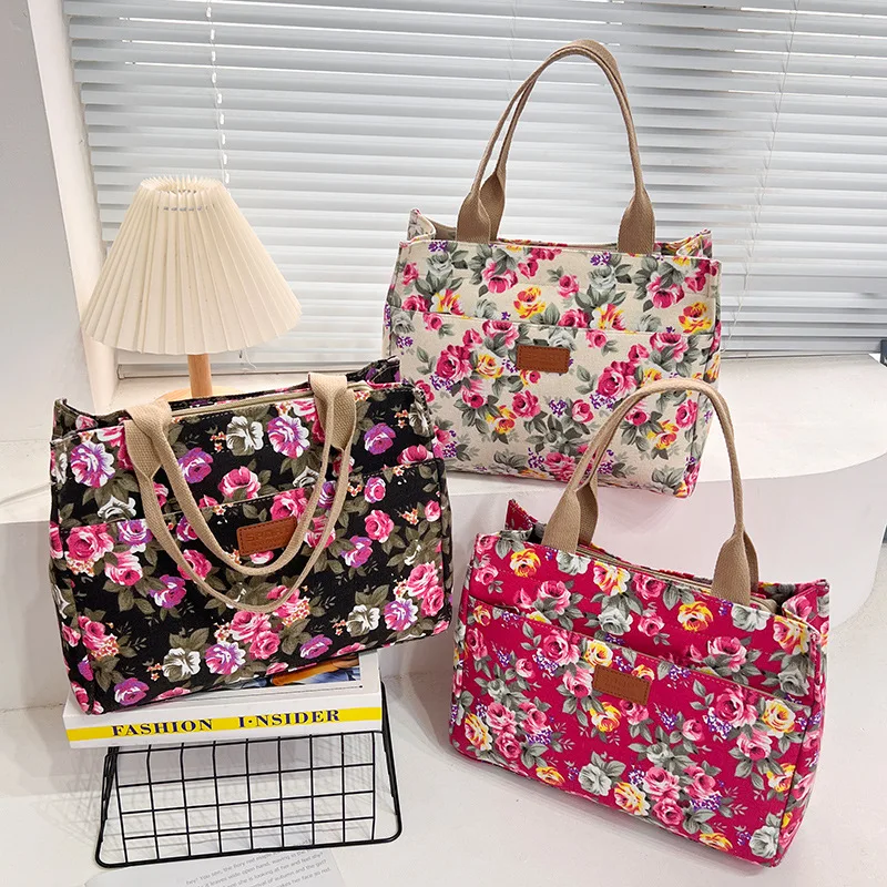 Solid Color Canvas Tote Bag Multi-Compartment Large Capacity Shoulder Handbag for Women Shopping Lunch Bags Mom Student