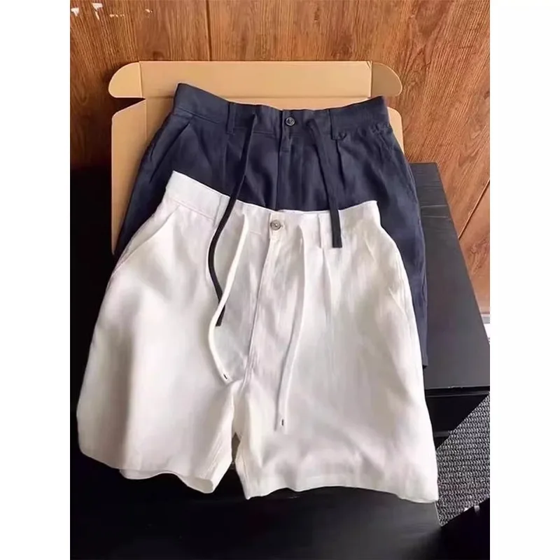 

Новые мужские хлопково-льняные шорты: дышащие, однотонные, повседневные, средней длины, модные, с пуговицами на талии, деловые, тонкие, свободные