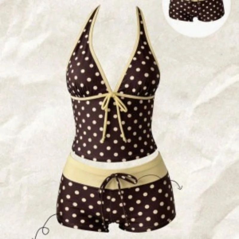 Kawaii Harajuku Two Piece Bikini Set Women Halter Floral Print Ruffle Swimsuit Summer Beach Casual Bathing Outfit