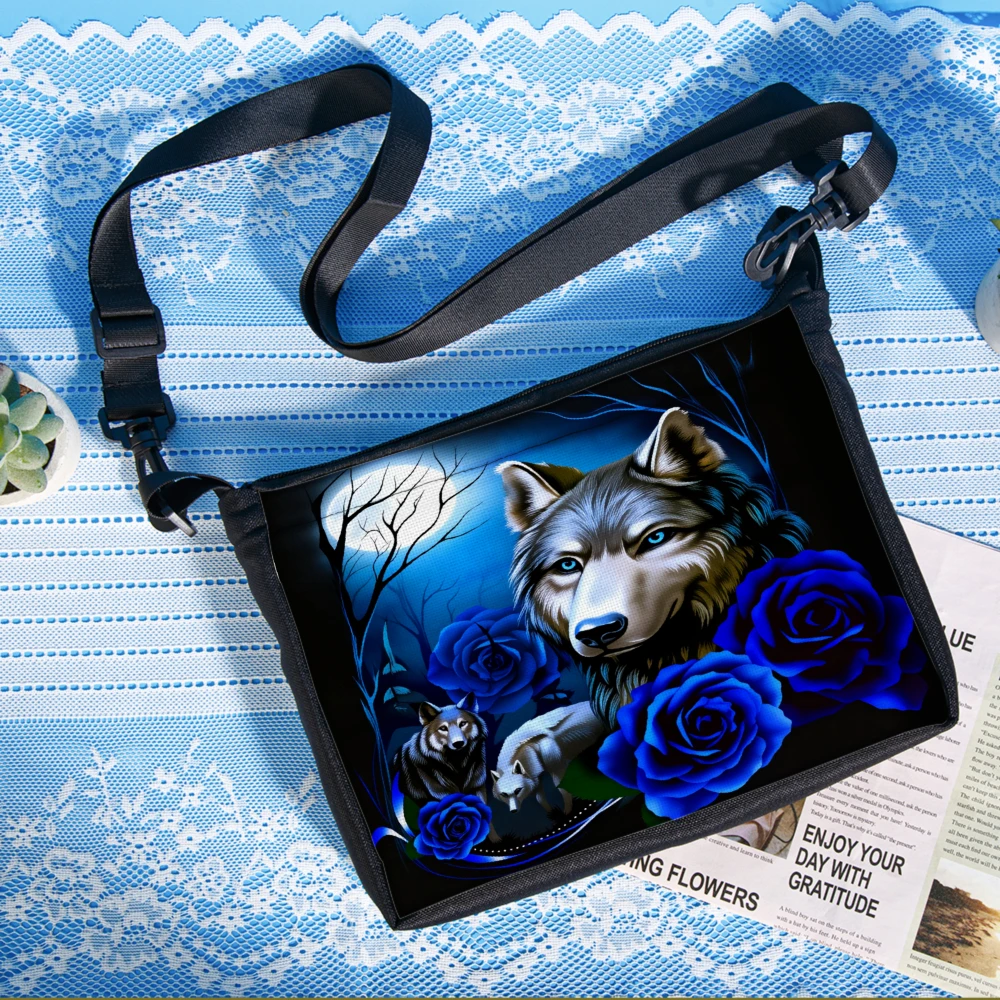1pc Wolf And Blue Roses Print Crossbody Bag Black Animal And Floral Design Shoulder Bags For Women Outdoor Travel Shopping Daily