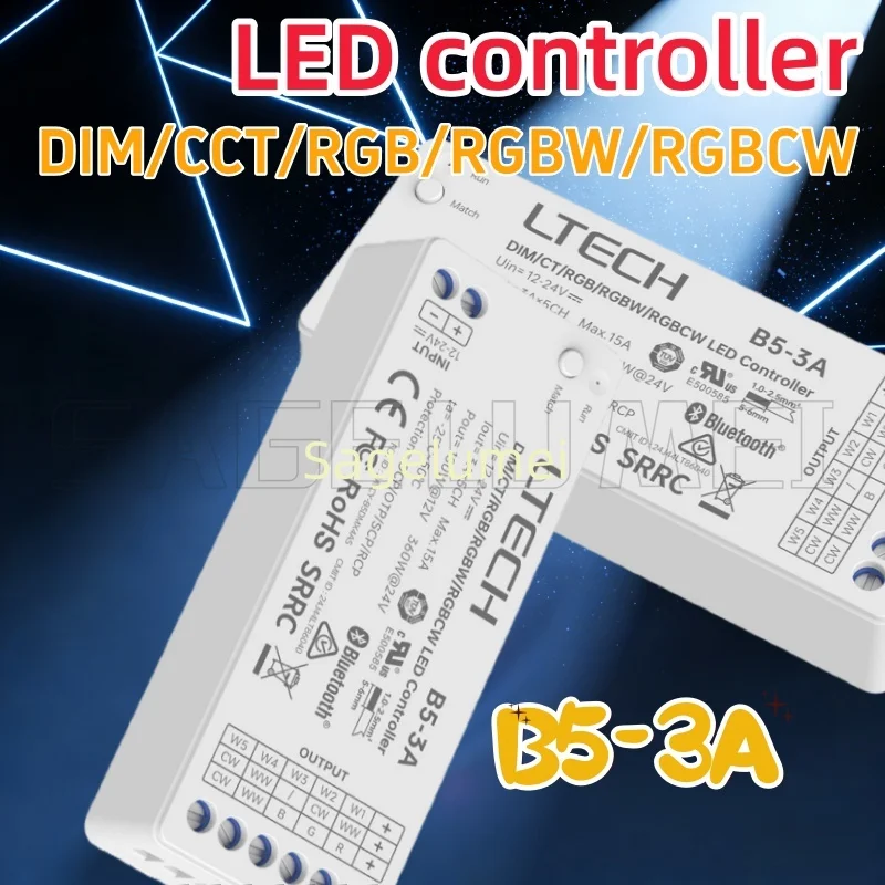 

B5-3A DIM/CCT/RGB/RGBW/RGBCW Светодиодный контроллер постоянного напряжения Bluetooth 5,2 SIG Mesh DC12V-DC24V 5 каналов 3A*5CH Max.15A LTECH
