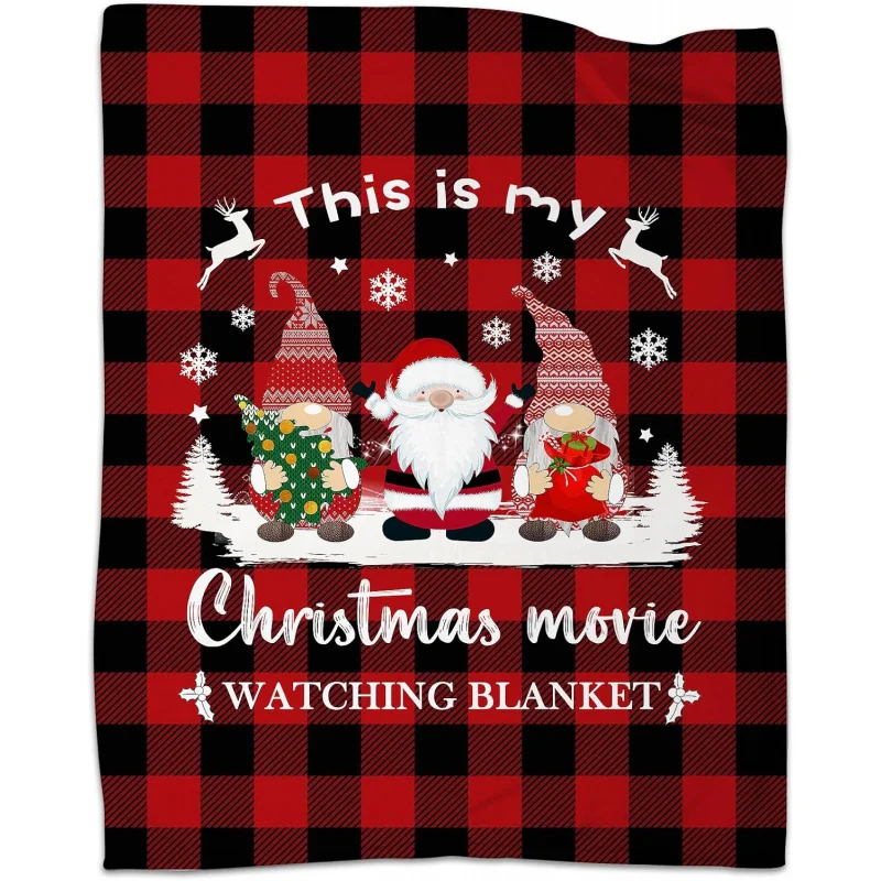 

Fleece Throw Blankets for Sofa Couch, This is My Movie Watching Xmas Gnomes Red Black Buffalo Check Plaid Warm