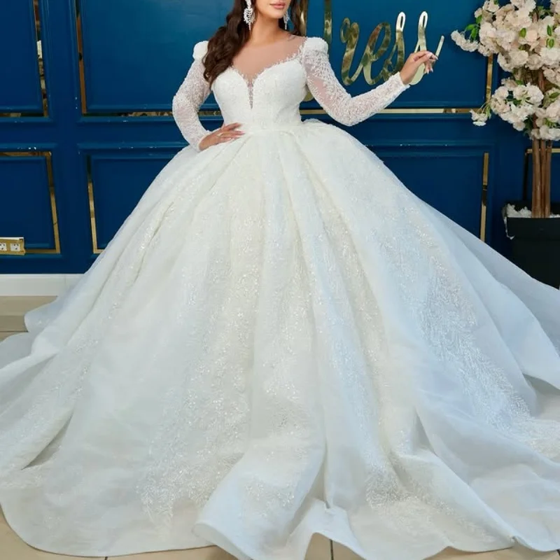 

Customized Shiny luxury ivory Ball Gown Royal Wedding Dresses crystal Sweetheart decal beads Long tail Made Robe De