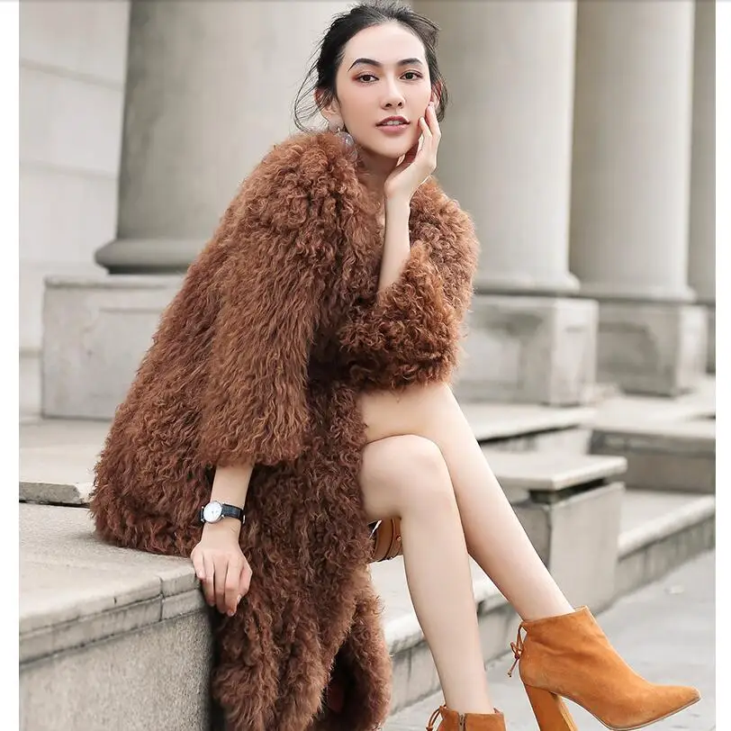 Harppihop  knitted Mongolian sheep fur coat jacket overcoat Russian women winter warm fur coat outwear longer style  4 colors
