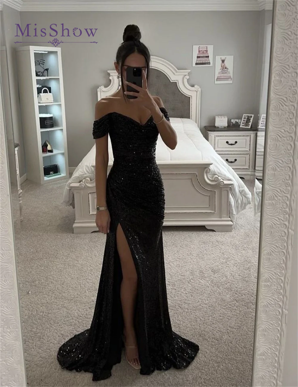 MisShow Sequin Mermaid Evening Dresses for Women Party 2024 Elegant Off Shoulder Ruched Slit Formal Maxi Prom Gowns