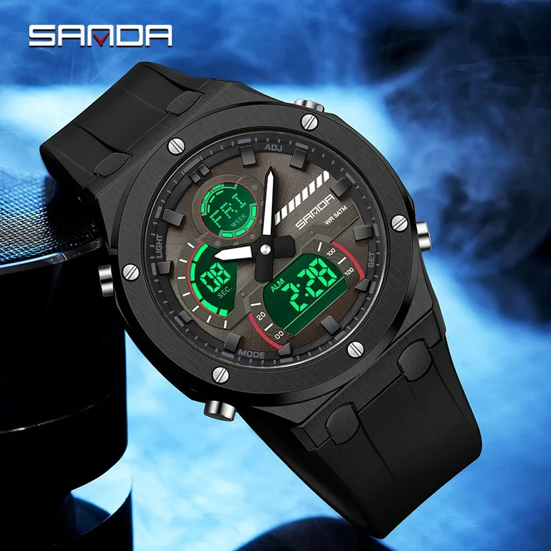 SANDA Fashion Youth Men's Watches Luxury Alloy Case Multifunctional Waterproof Watch Double Display Calendar Week Student Watch