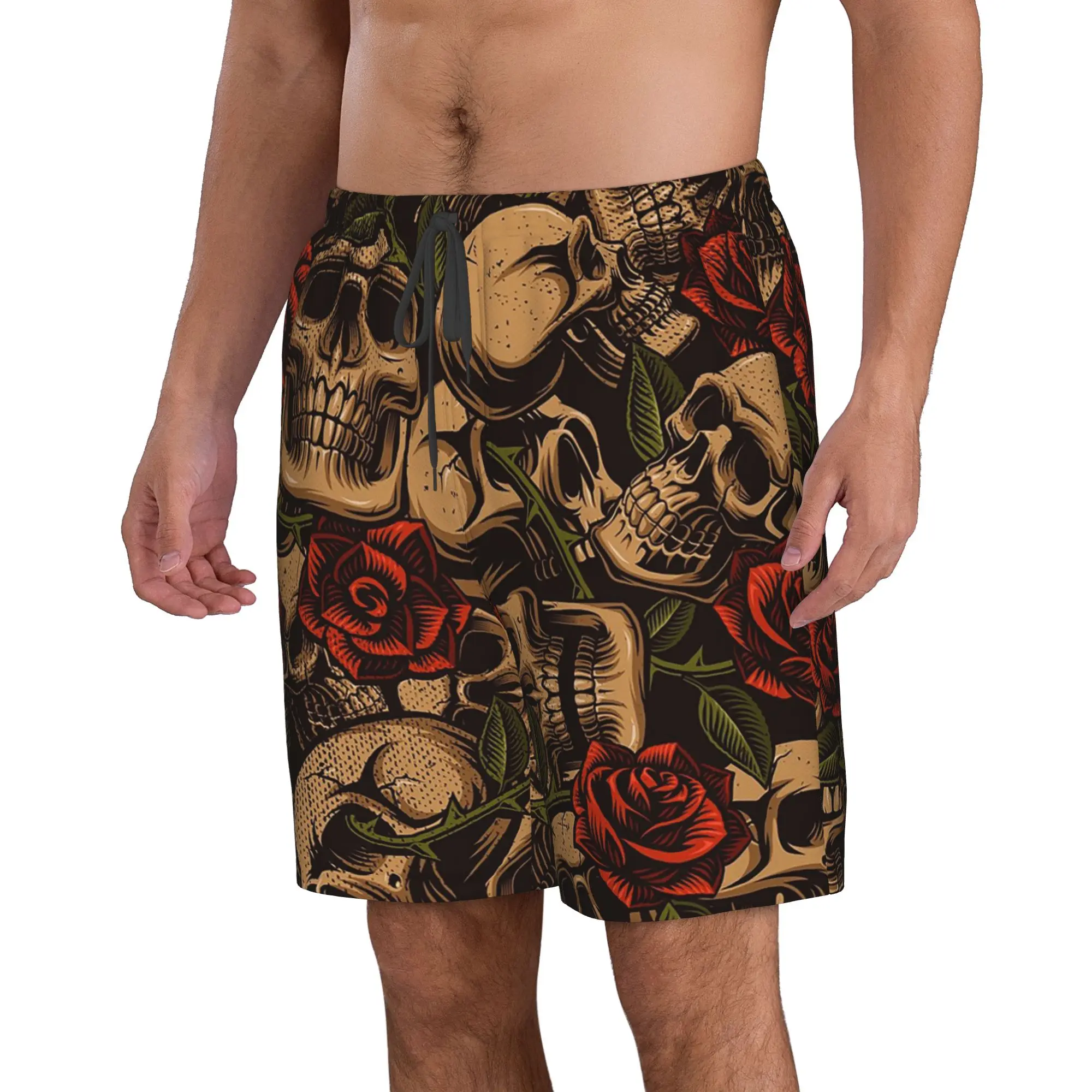 Vintage Skulls & Roses Pattern Trunks Beach Board Shorts Casual Quick Dry Swimming Summer Men Pants