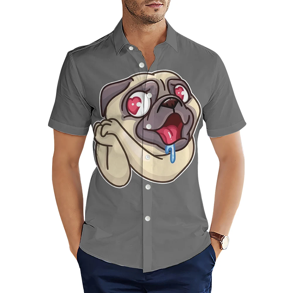 HX Mode Herrenhemden Cartoon Tiere Möpse Bunte Kunst 3D-gedrucktes Hemd Sommer Freizeithemden Mann Kleidung Camisas